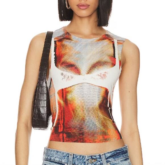 Jaded London 4 NEW Bare All Bra Illusion Print Tank Orange Print Raw Hem Thin - Picture 1 of 9